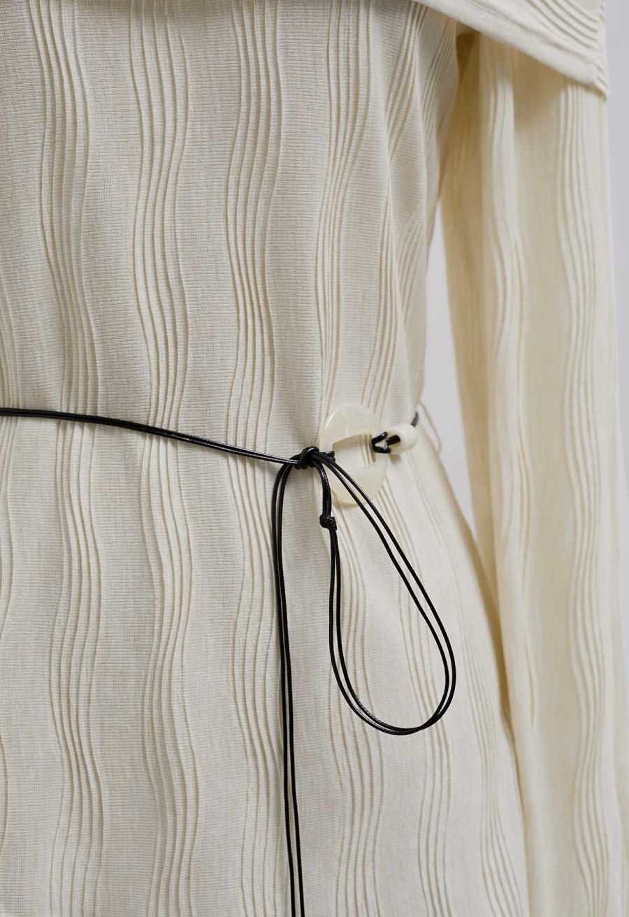 Flap Off-Shoulder Tie-Waist Asymmetric Knit Top in Cream
