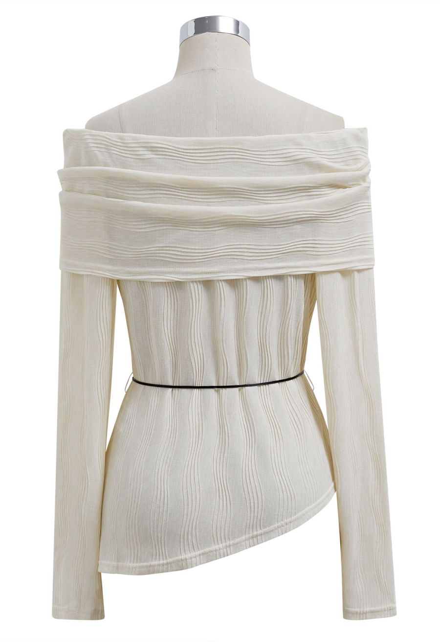 Flap Off-Shoulder Tie-Waist Asymmetric Knit Top in Cream