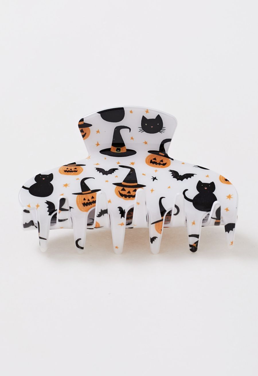 Cat and Pumpkin Lantern Printed Acrylic Hair Claw