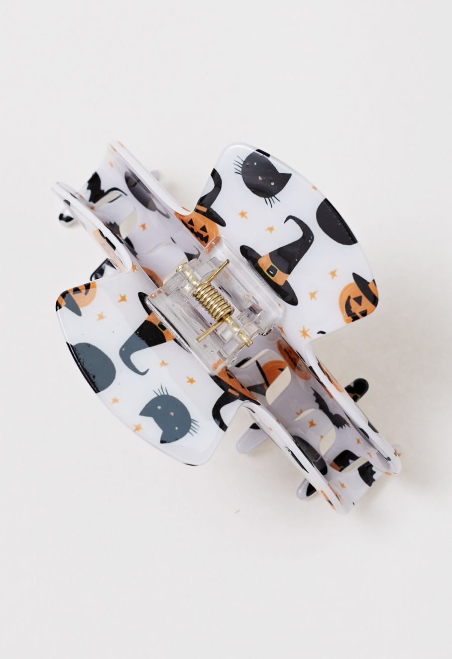 Cat and Pumpkin Lantern Printed Acrylic Hair Claw