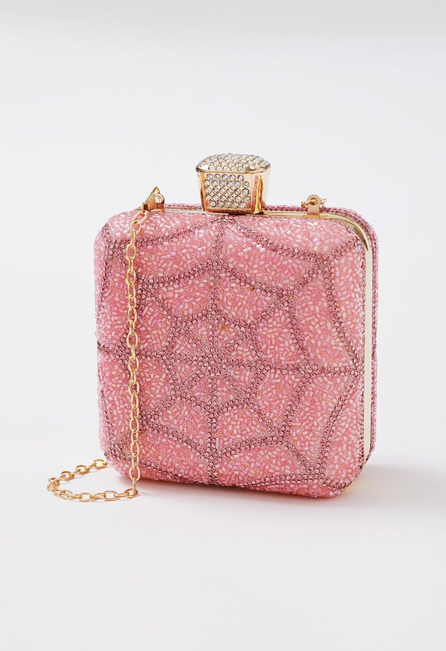 Spiderweb Rhinestone Square Clutch in Pink