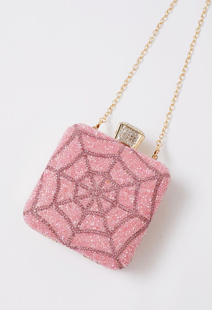 Spiderweb Rhinestone Square Clutch in Pink