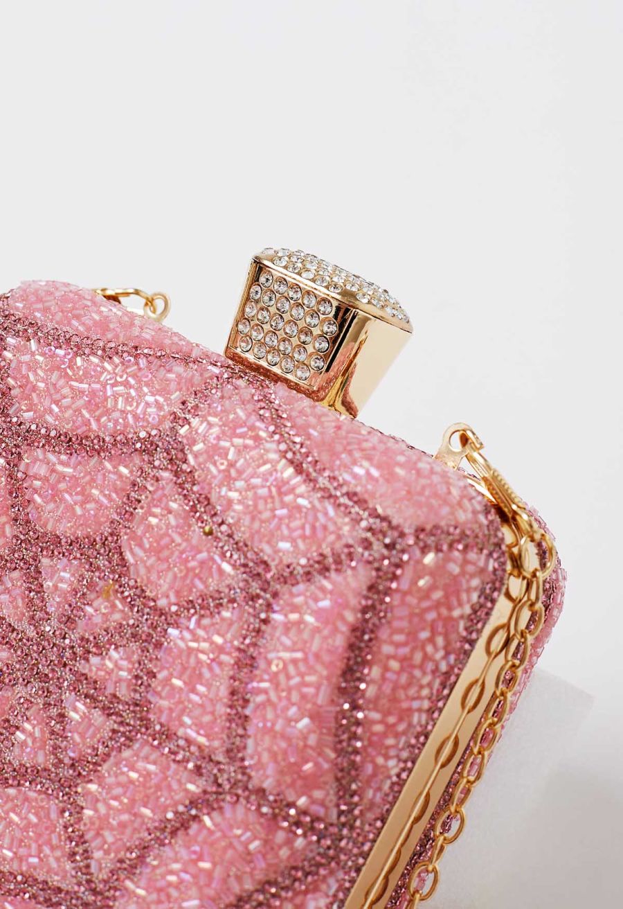 Spiderweb Rhinestone Square Clutch in Pink