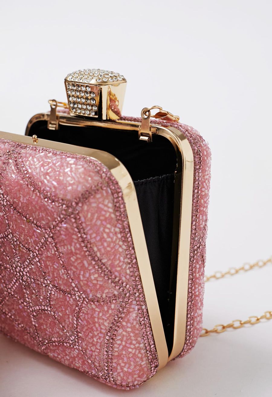Spiderweb Rhinestone Square Clutch in Pink