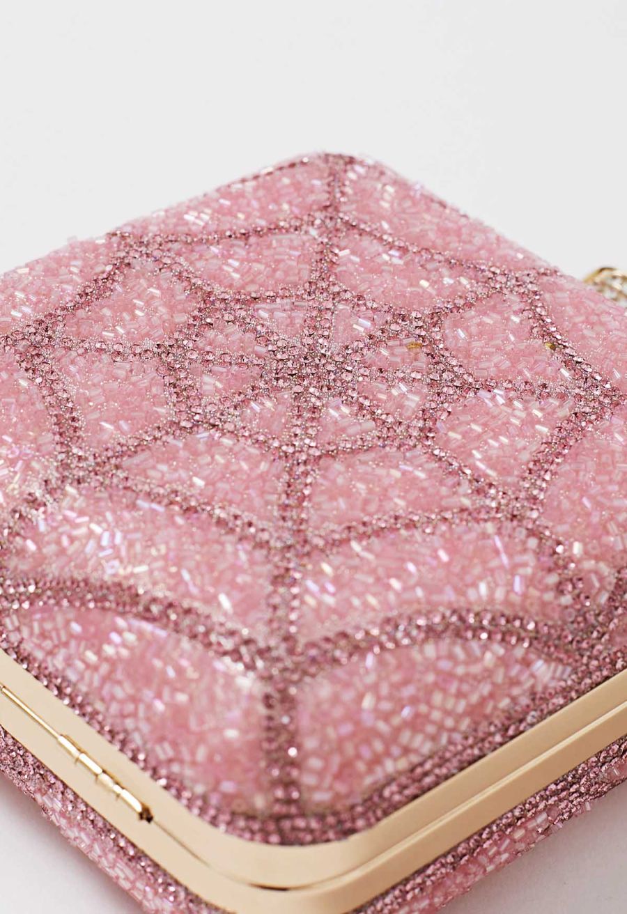 Spiderweb Rhinestone Square Clutch in Pink