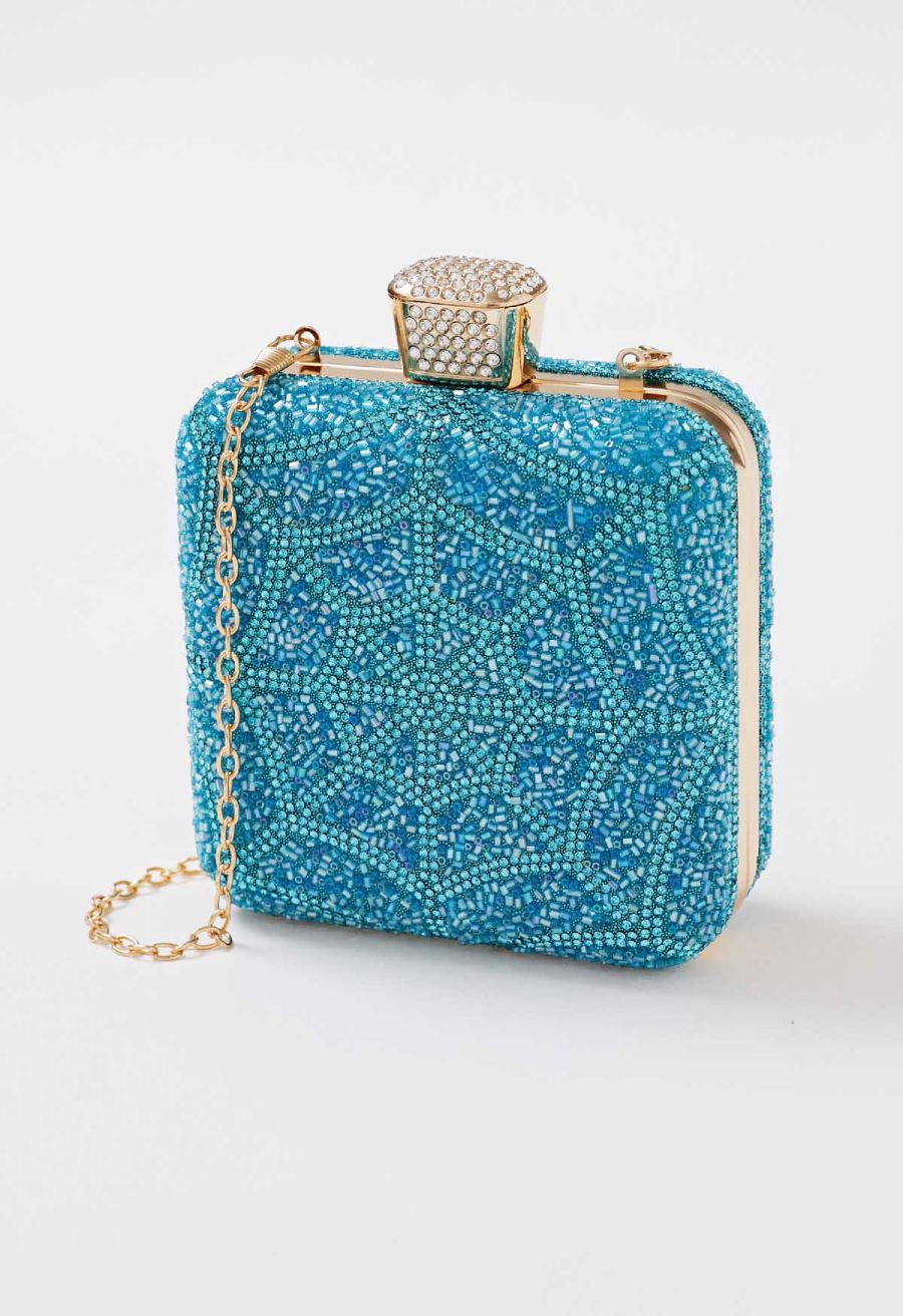 Spiderweb Rhinestone Square Clutch in Teal
