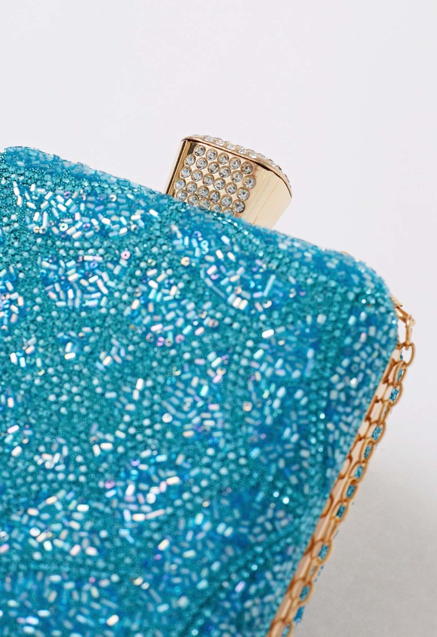 Spiderweb Rhinestone Square Clutch in Teal