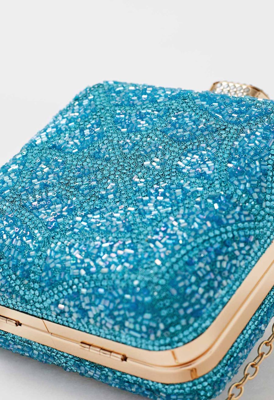 Spiderweb Rhinestone Square Clutch in Teal