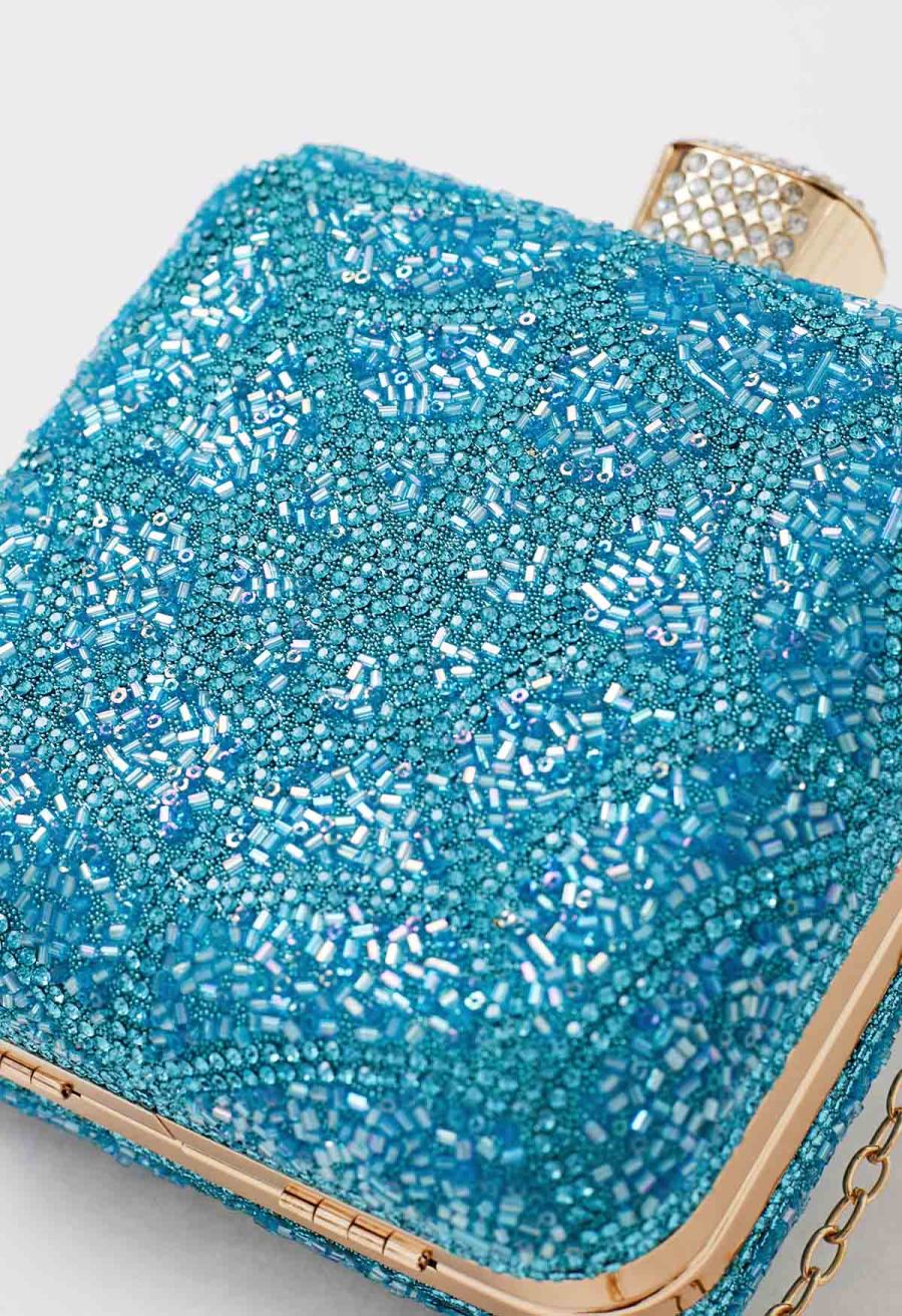 Spiderweb Rhinestone Square Clutch in Teal