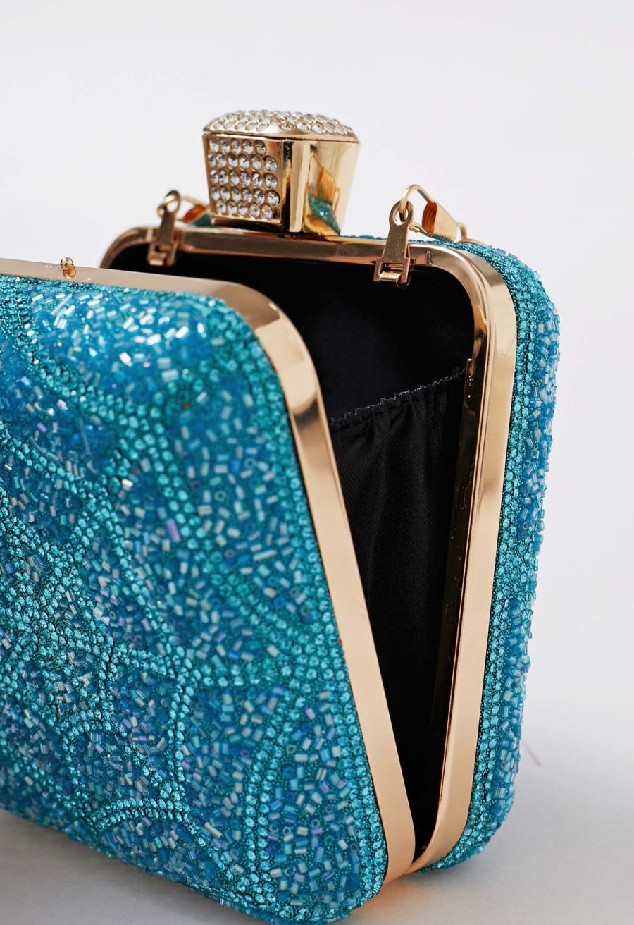 Spiderweb Rhinestone Square Clutch in Teal