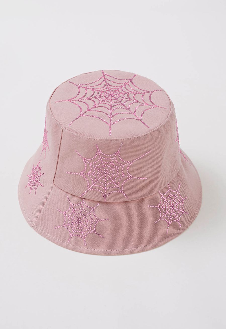 Rhinestone Spider Web Bucket Hat in Pink