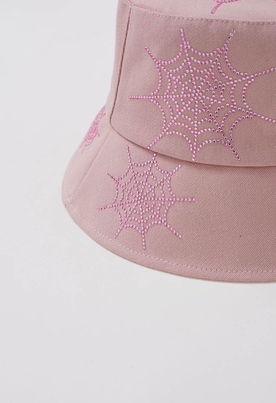 Rhinestone Spider Web Bucket Hat in Pink