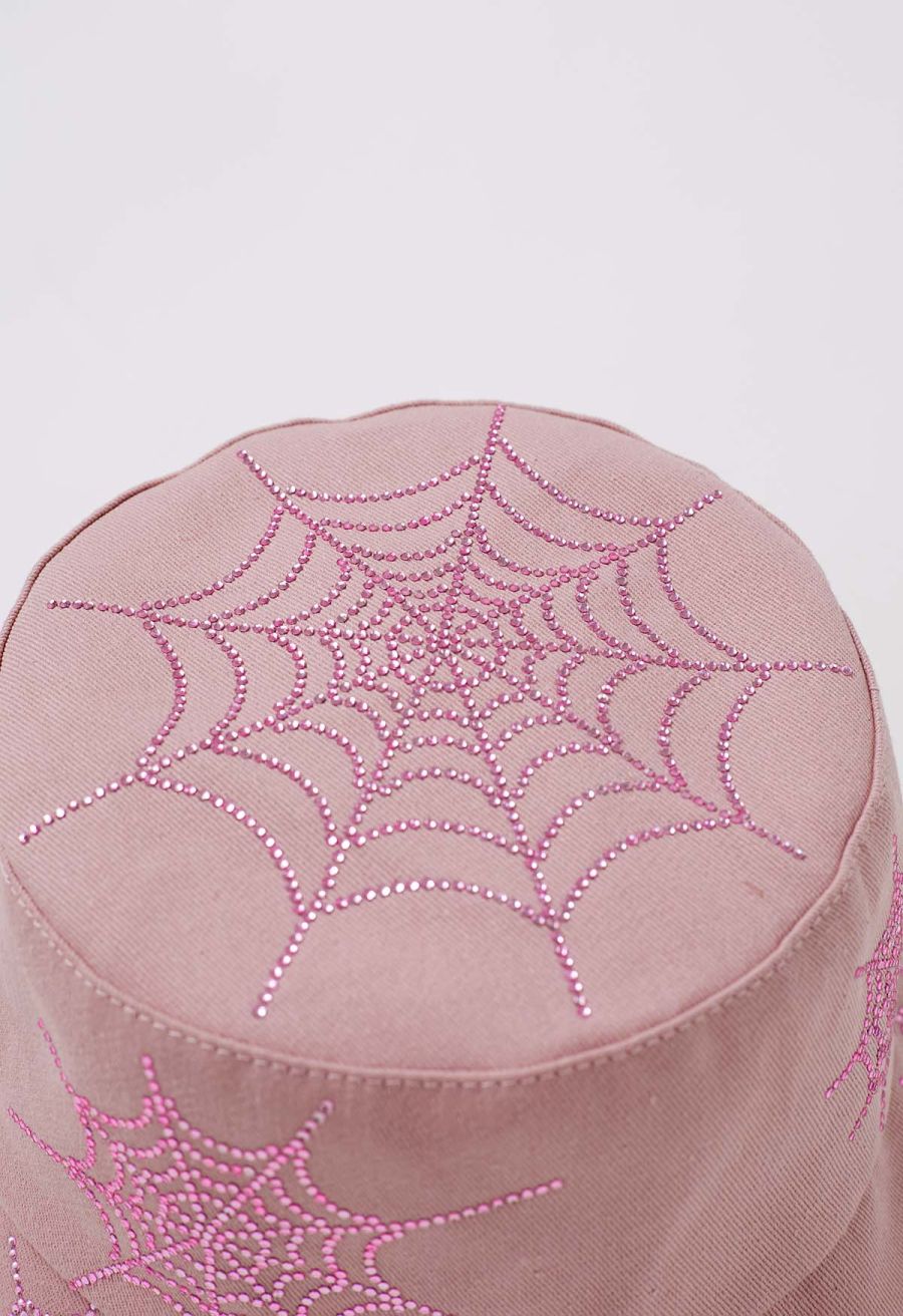 Rhinestone Spider Web Bucket Hat in Pink