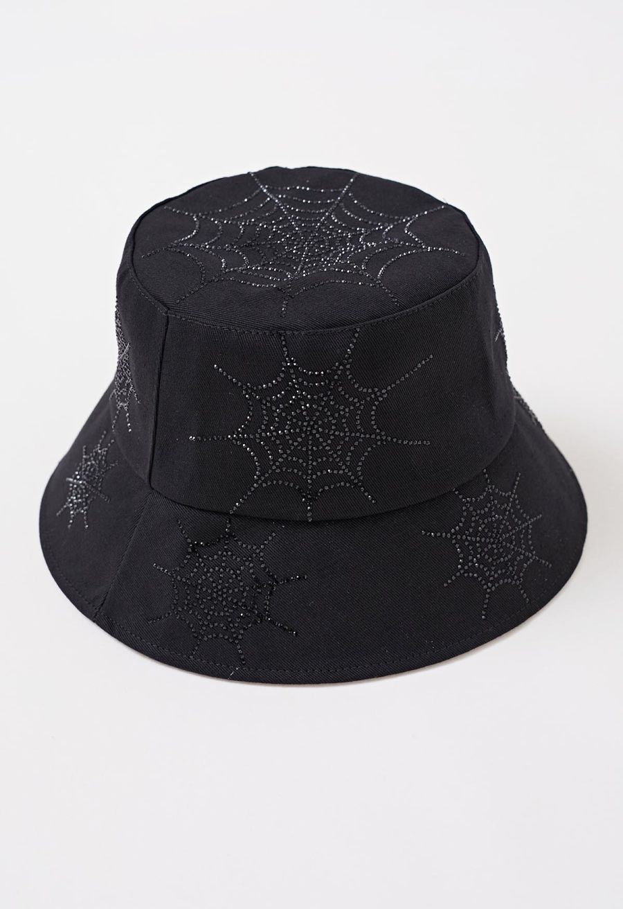 Rhinestone Spider Web Bucket Hat in Black