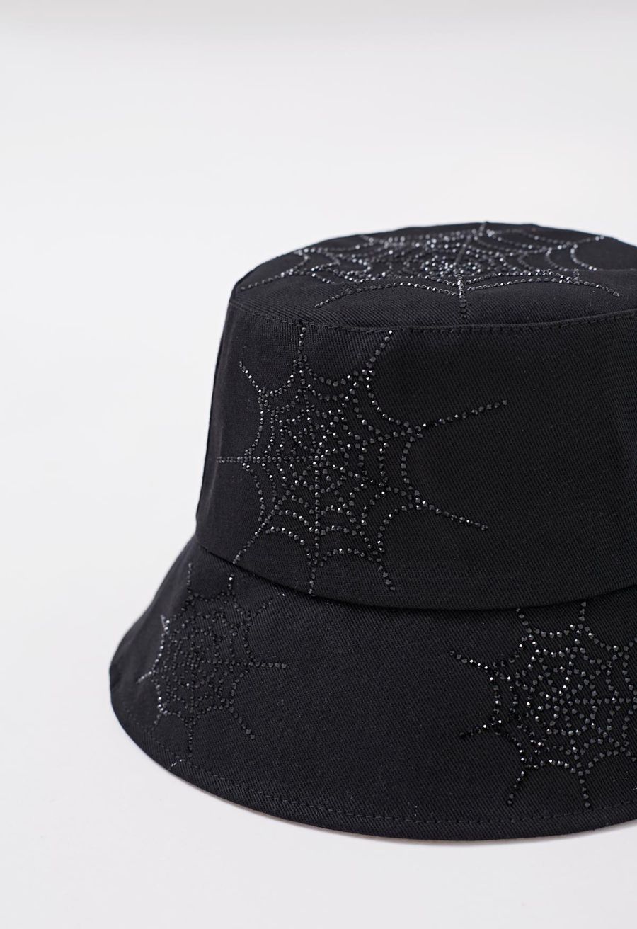 Rhinestone Spider Web Bucket Hat in Black