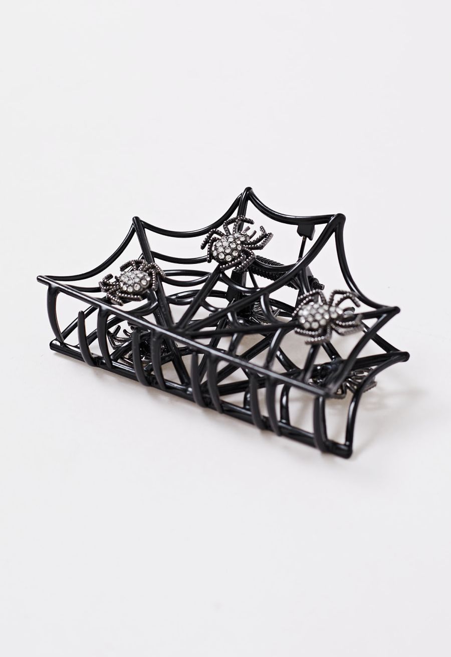 Spiderweb Rhinestone Hair Claw in Black