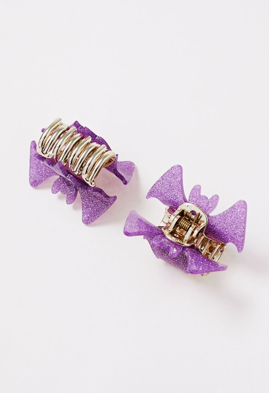 Fine Glitter Acrylic Bat Hair Clips in Purple