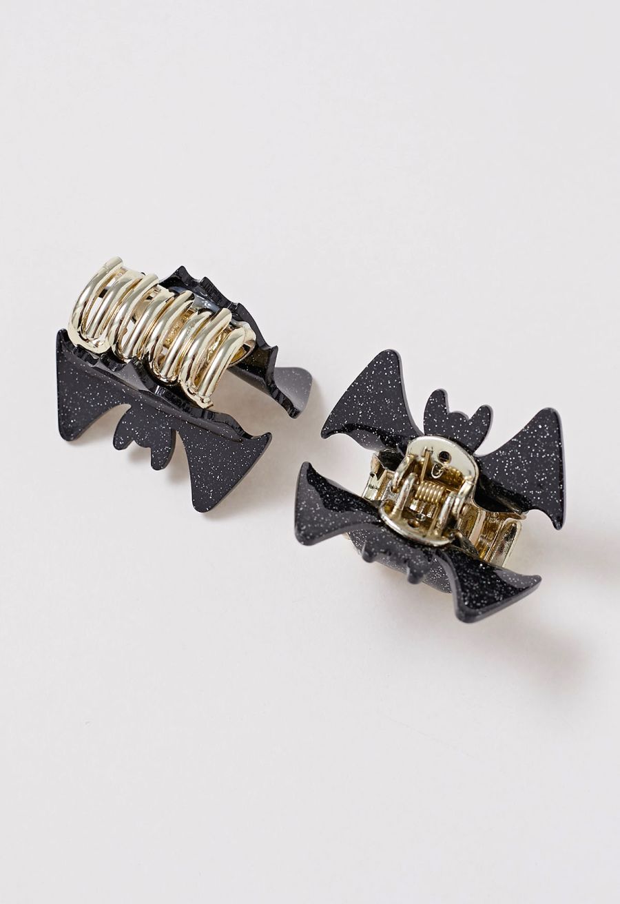 Fine Glitter Acrylic Bat Hair Clips in Black