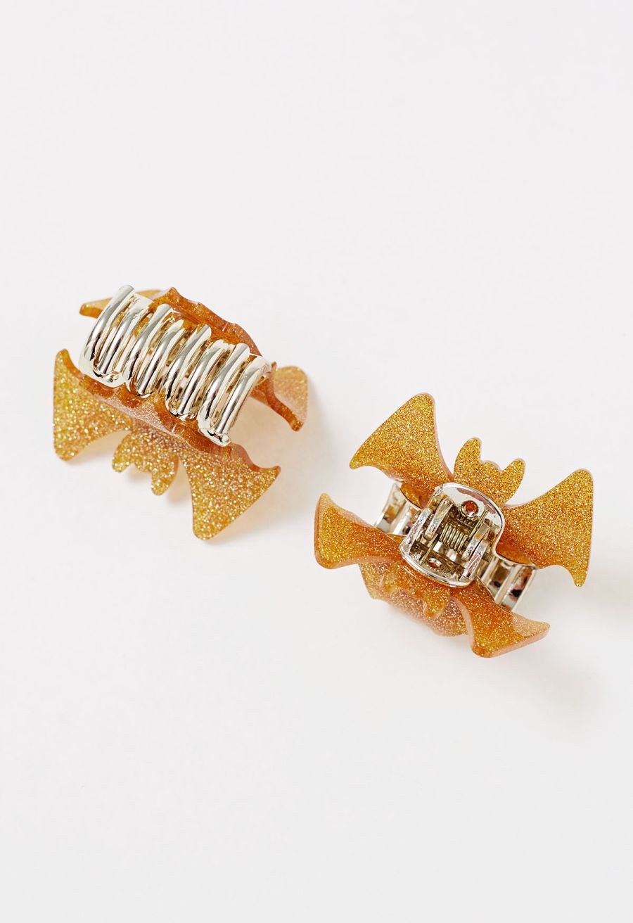 Fine Glitter Acrylic Bat Hair Clips in Orange