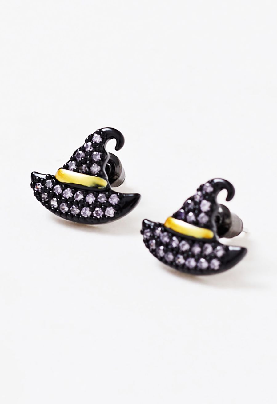 Purple Rhinestone Witch Hat Earrings