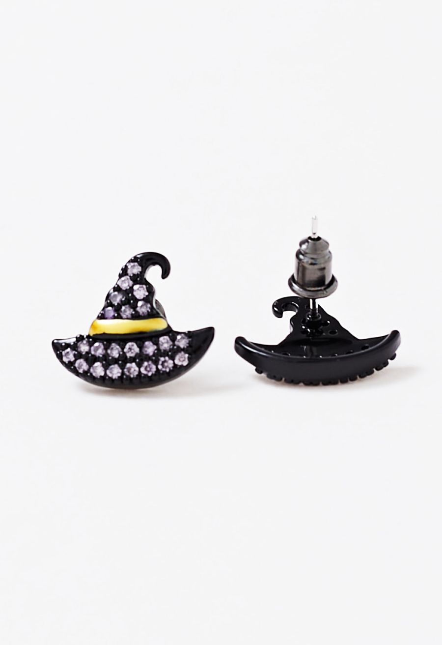 Purple Rhinestone Witch Hat Earrings