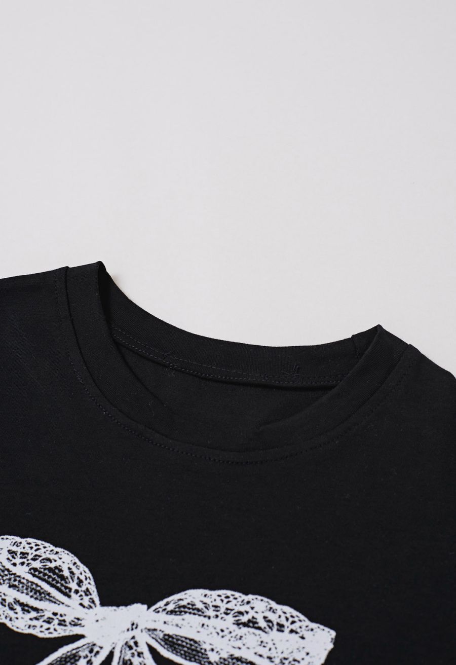 Bowknot Pattern Cotton T-Shirt in Black
