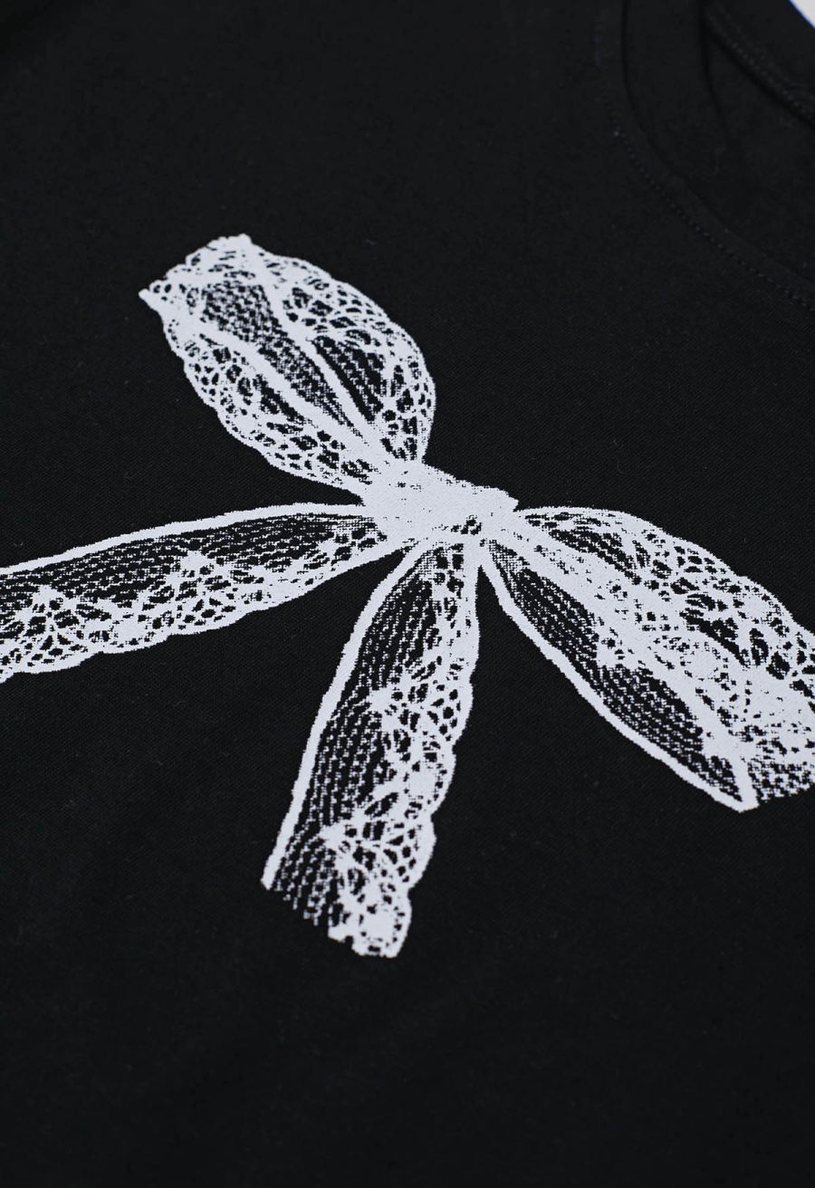 Bowknot Pattern Cotton T-Shirt in Black