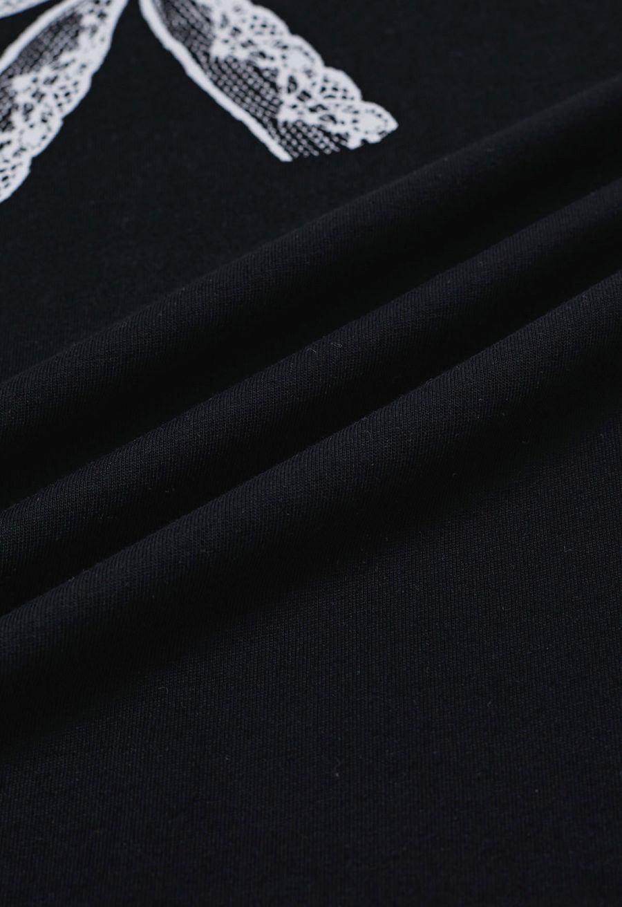 Bowknot Pattern Cotton T-Shirt in Black