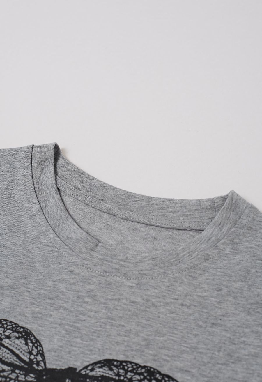 Bowknot Pattern Cotton T-Shirt in Grey