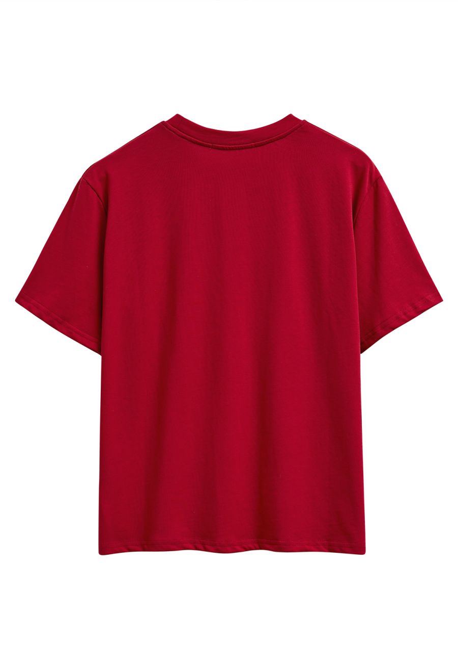Paris Love Pattern Cotton T-Shirt in Red