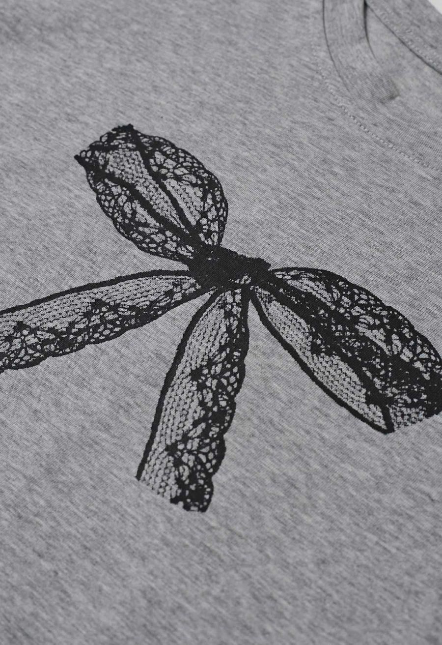 Bowknot Pattern Cotton T-Shirt in Grey