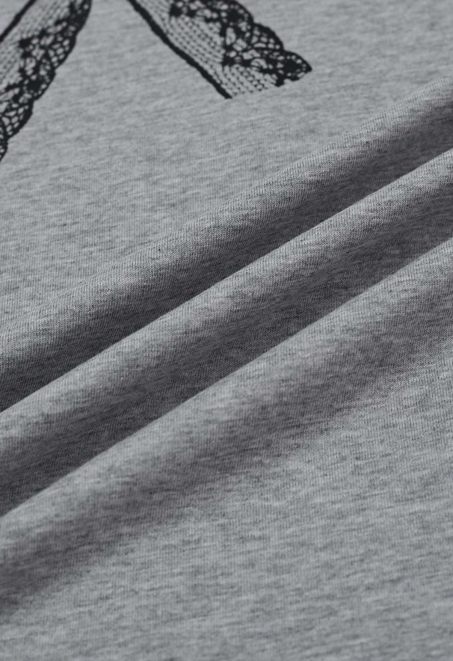 Bowknot Pattern Cotton T-Shirt in Grey