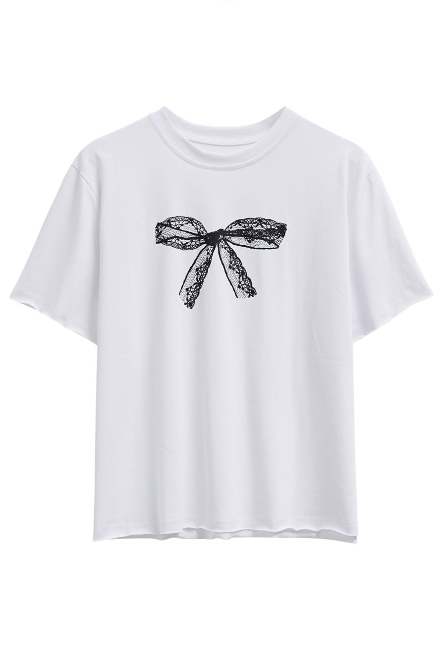 Bowknot Pattern Cotton T-Shirt in White
