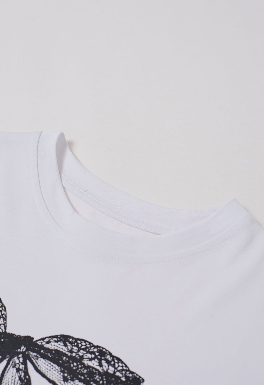 Bowknot Pattern Cotton T-Shirt in White