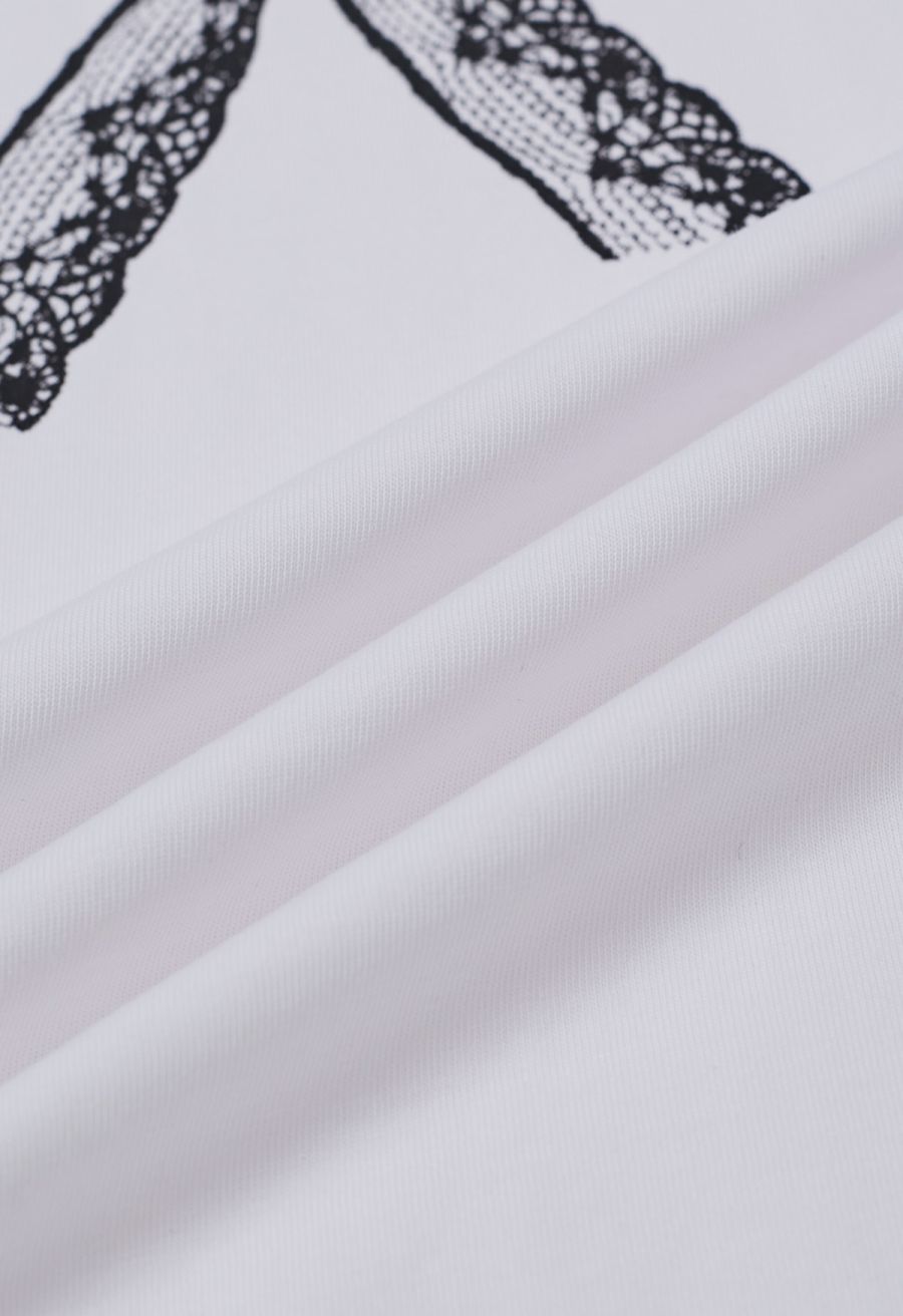Bowknot Pattern Cotton T-Shirt in White
