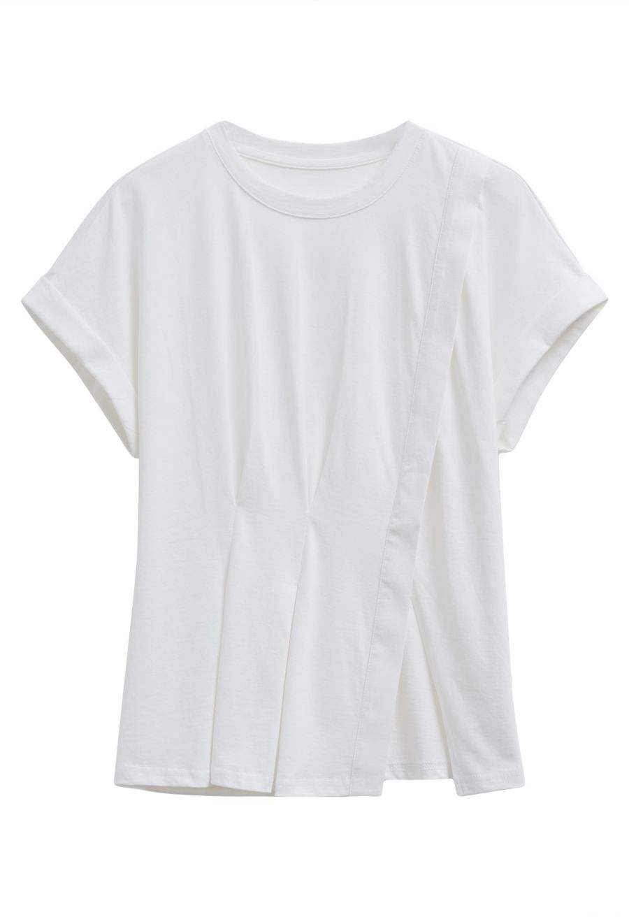 Asymmetric Slit Hem Rolled Cuffs Top in White