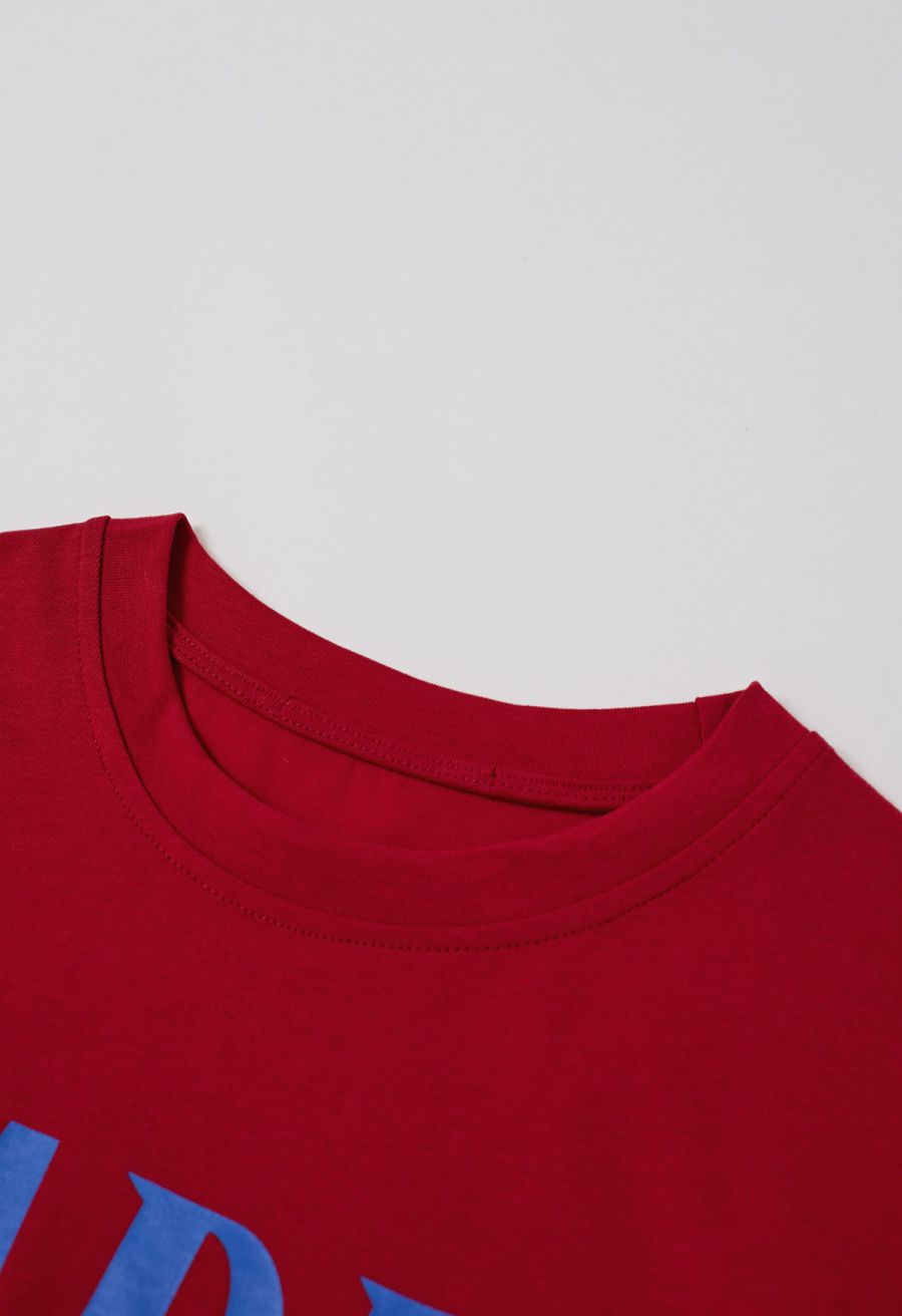 Paris Love Pattern Cotton T-Shirt in Red