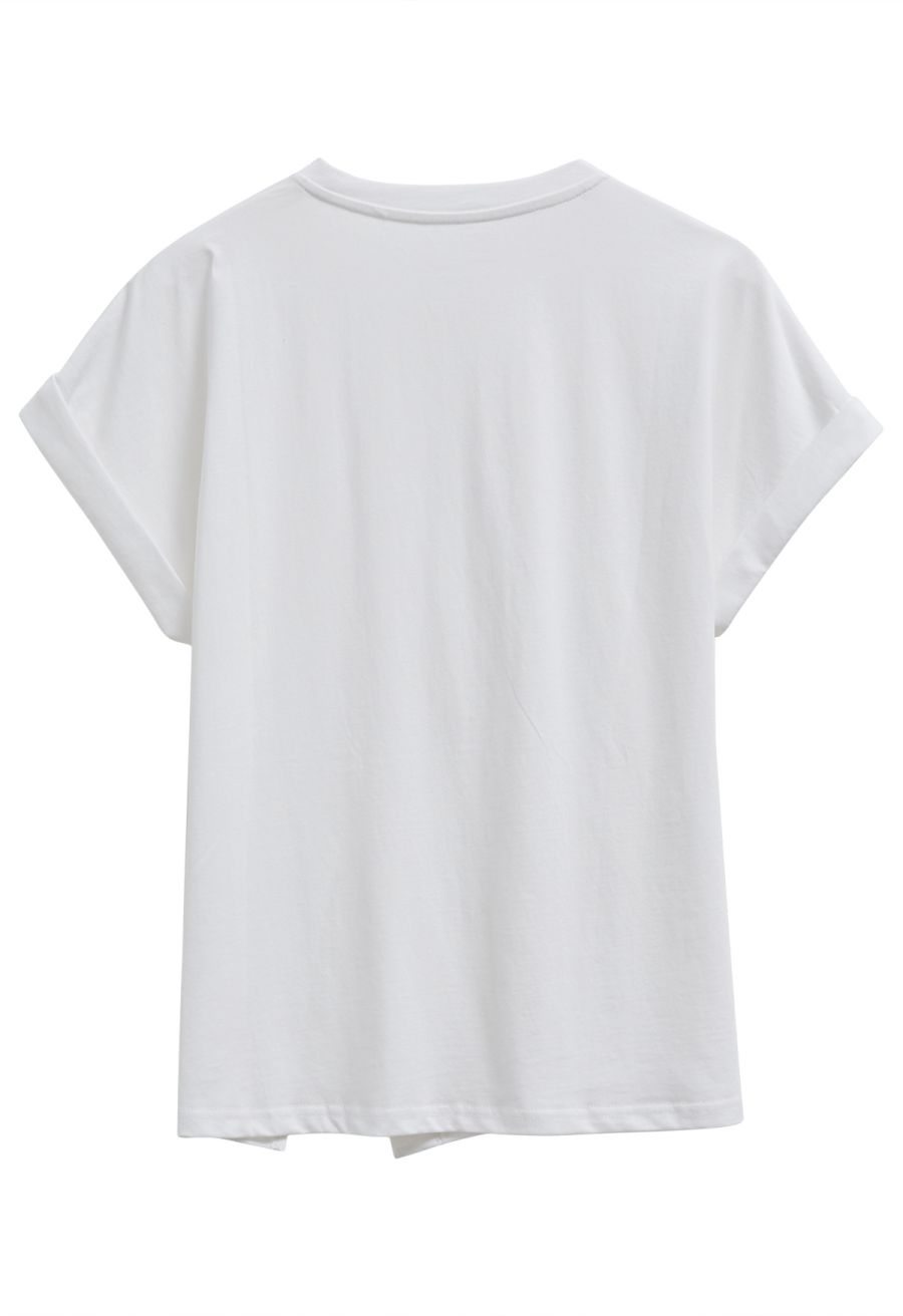 Asymmetric Slit Hem Rolled Cuffs Top in White