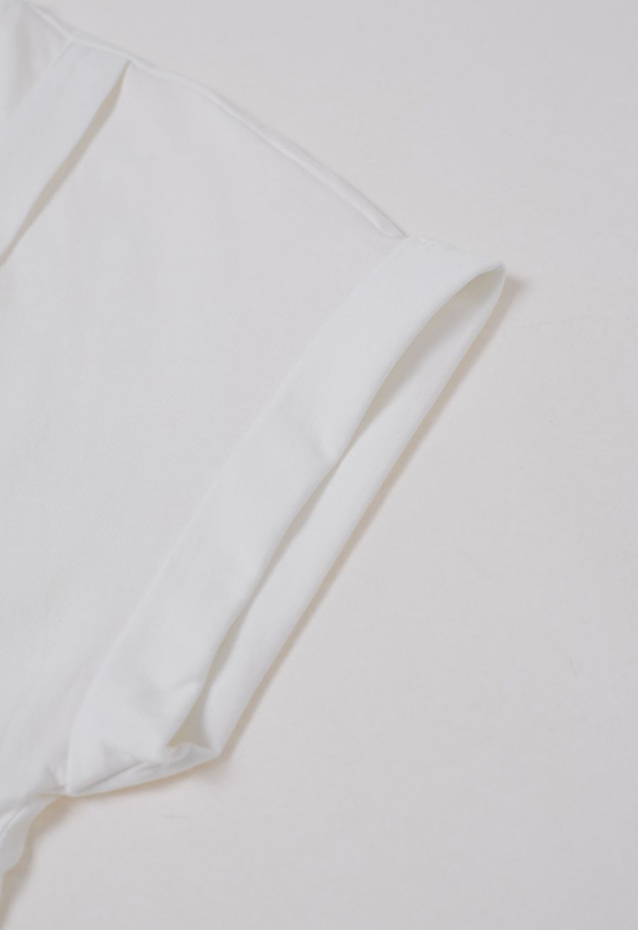 Asymmetric Slit Hem Rolled Cuffs Top in White