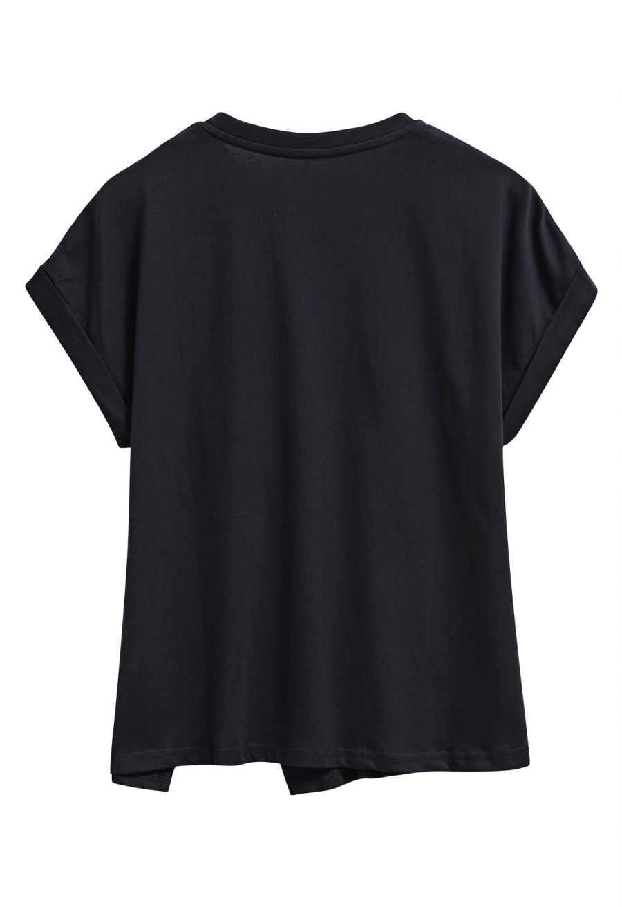 Asymmetric Slit Hem Rolled Cuffs Top in Black