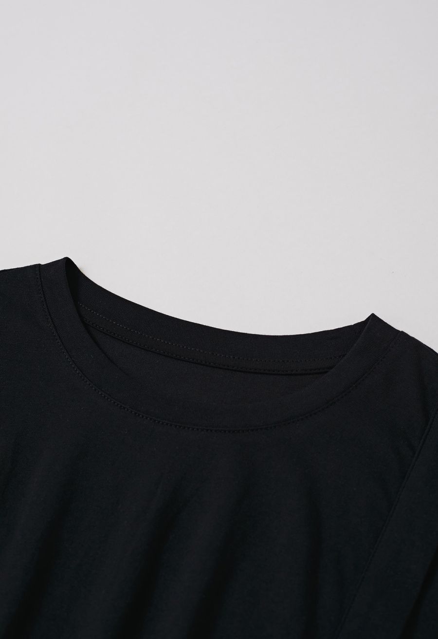 Asymmetric Slit Hem Rolled Cuffs Top in Black
