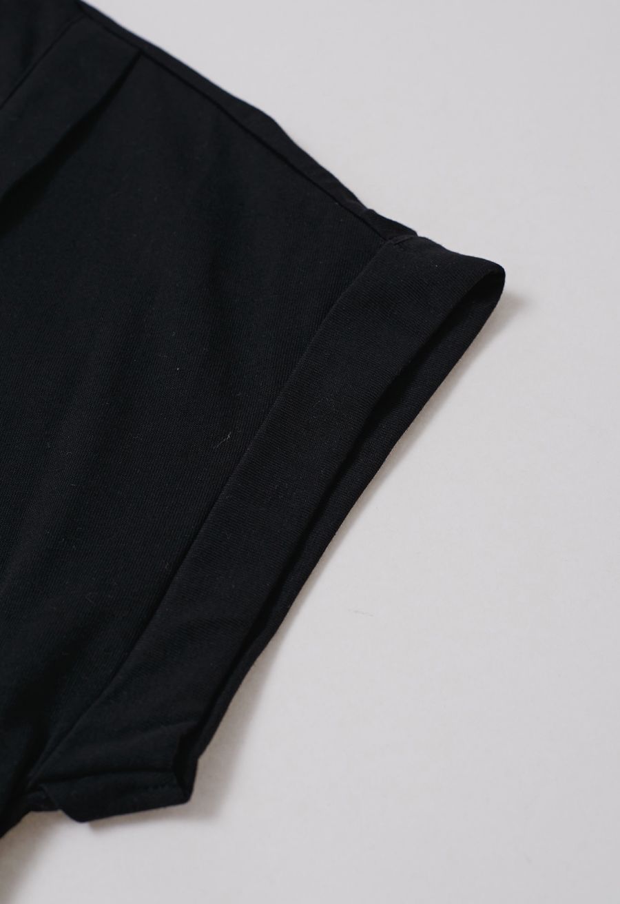 Asymmetric Slit Hem Rolled Cuffs Top in Black