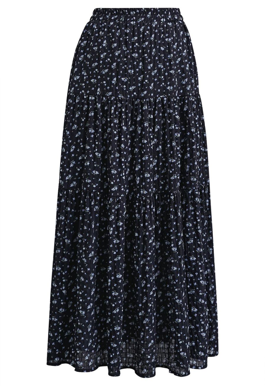 Posy Print Textured Tiered Maxi Skirt in Black