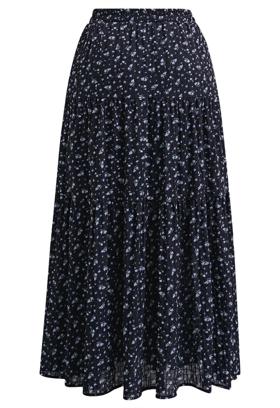 Posy Print Textured Tiered Maxi Skirt in Black