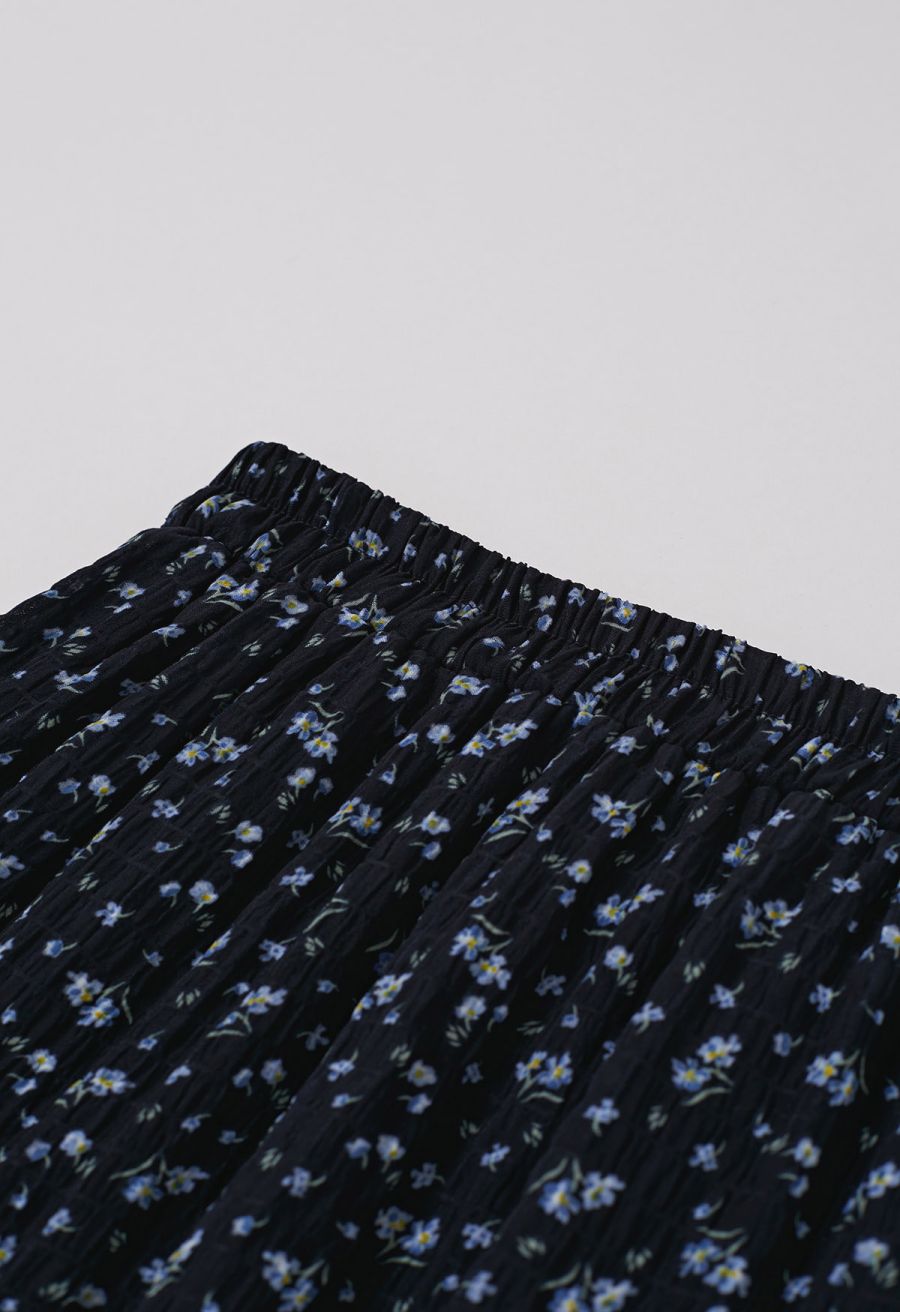 Posy Print Textured Tiered Maxi Skirt in Black