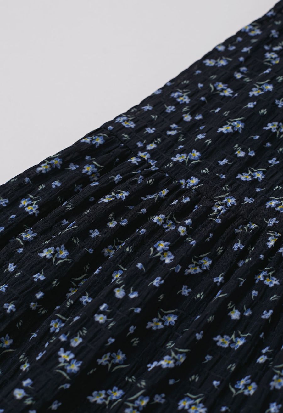 Posy Print Textured Tiered Maxi Skirt in Black