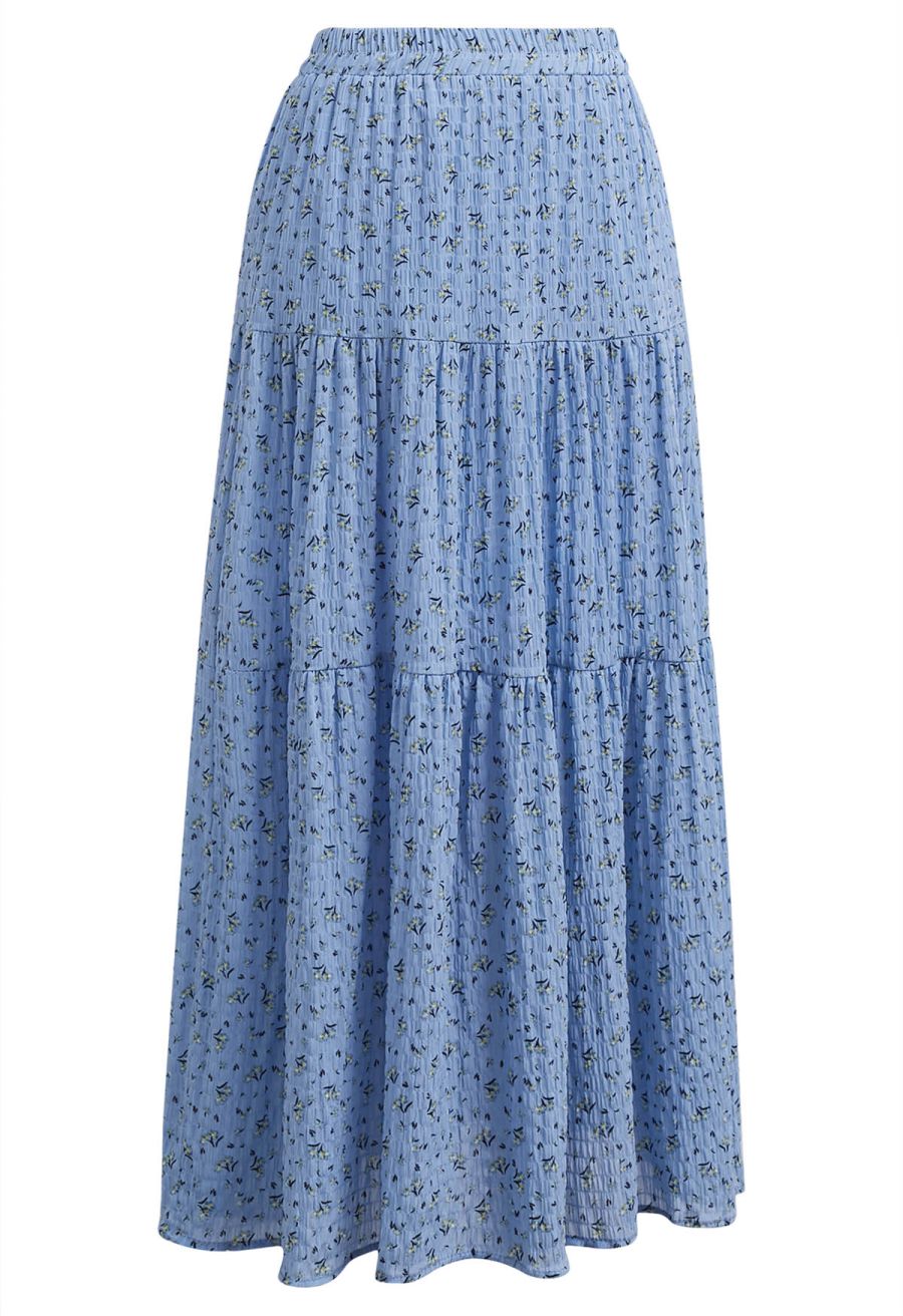 Posy Print Textured Tiered Maxi Skirt in Blue