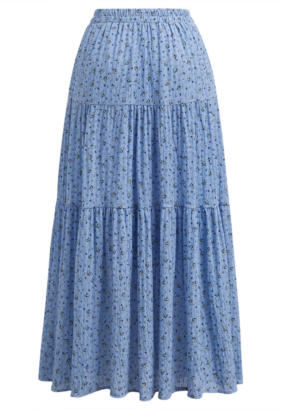 Posy Print Textured Tiered Maxi Skirt in Blue