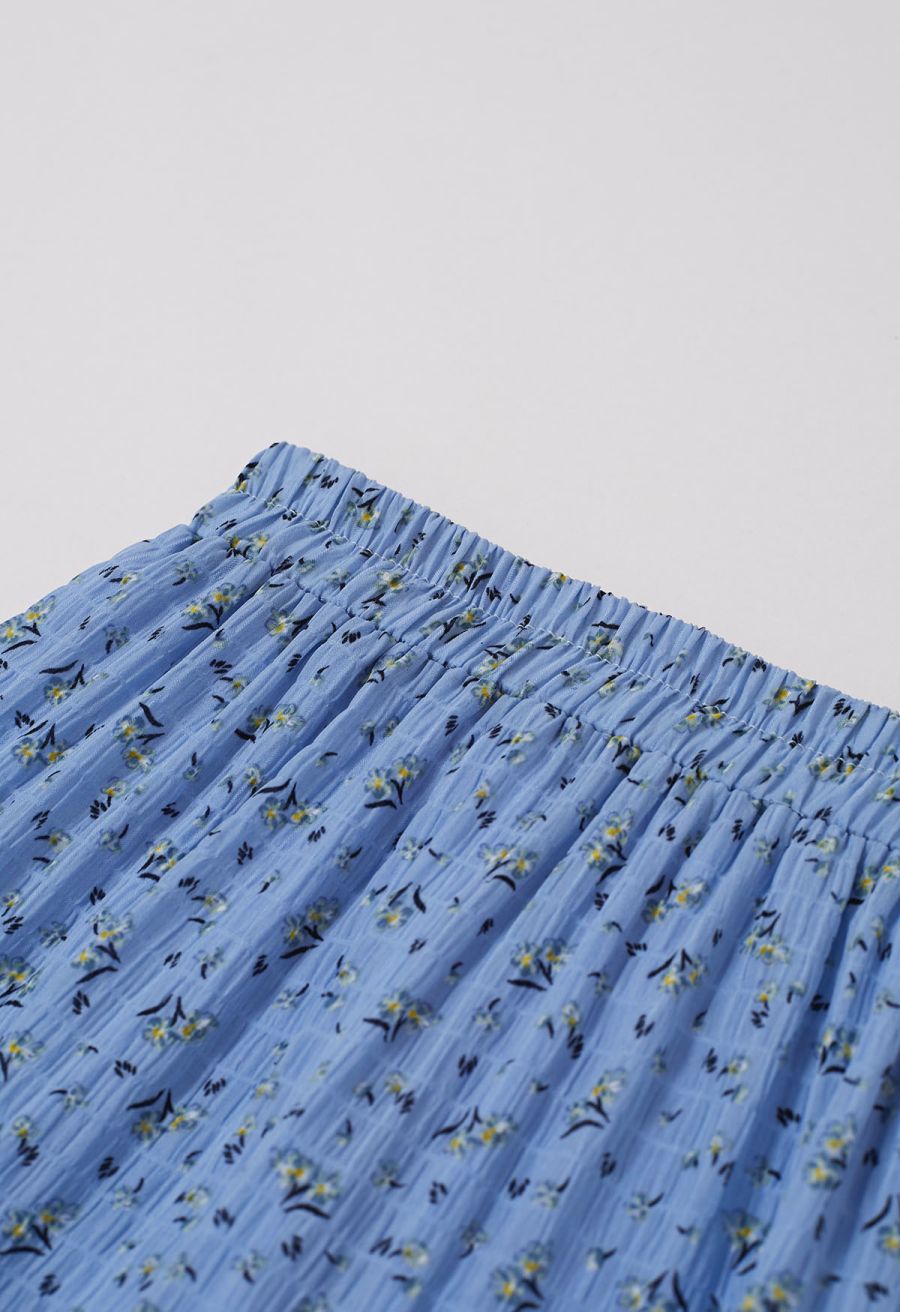 Posy Print Textured Tiered Maxi Skirt in Blue