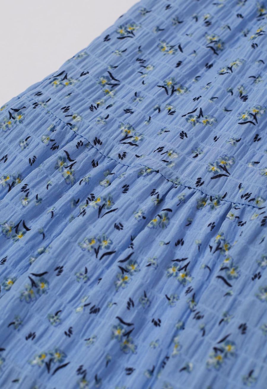 Posy Print Textured Tiered Maxi Skirt in Blue